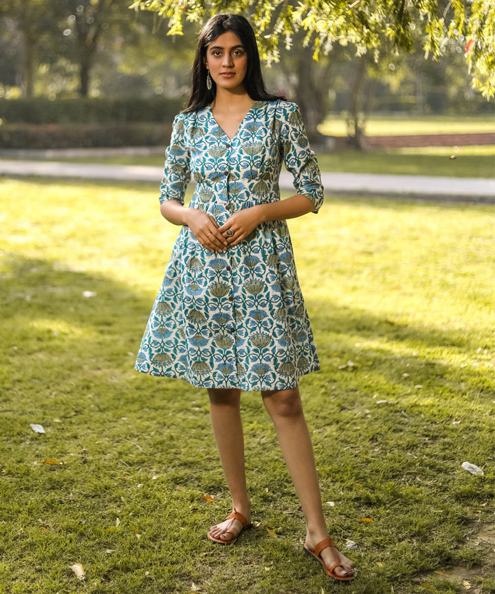 Green handblock floral printed cotton dress