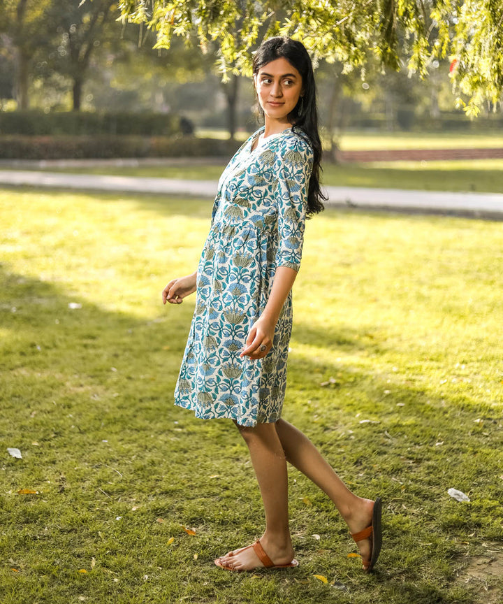 Green handblock floral printed cotton dress