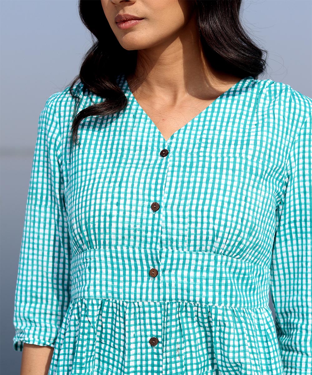 Green block printed summer cotton dress