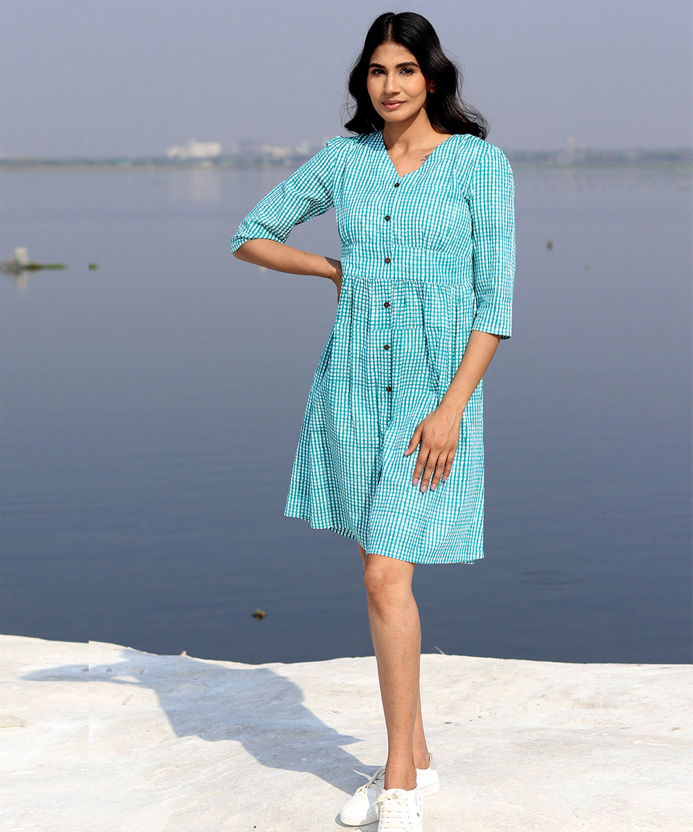 Green block printed summer cotton dress