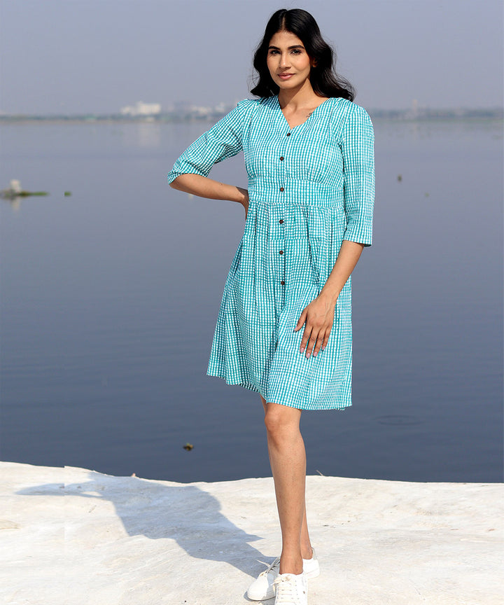 Green block printed summer cotton dress