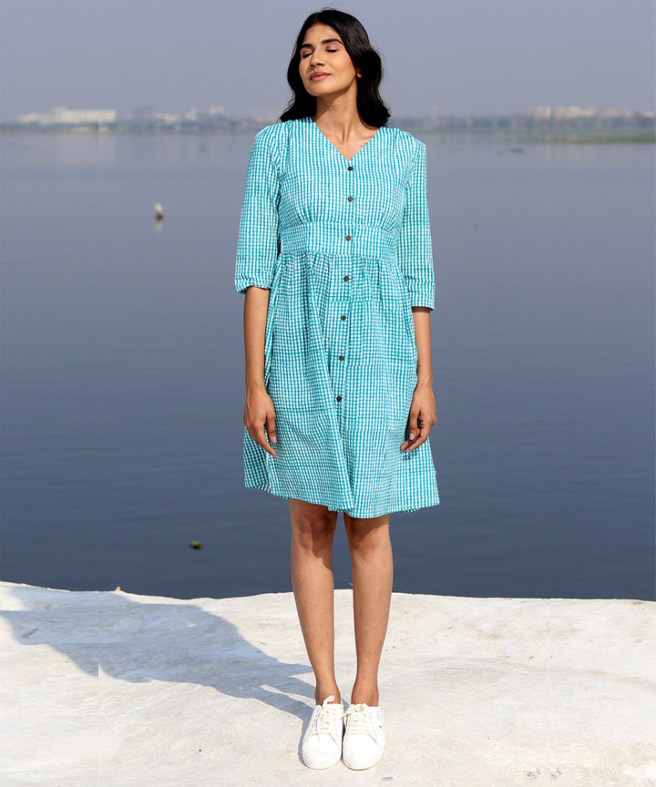 Green block printed summer cotton dress