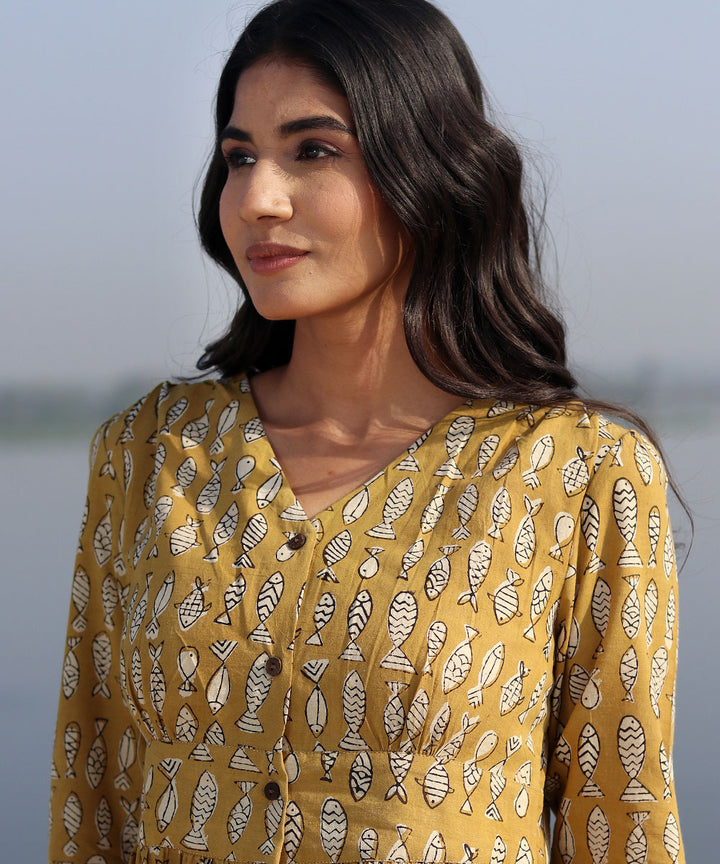 Mustard small hand block printed cotton dress