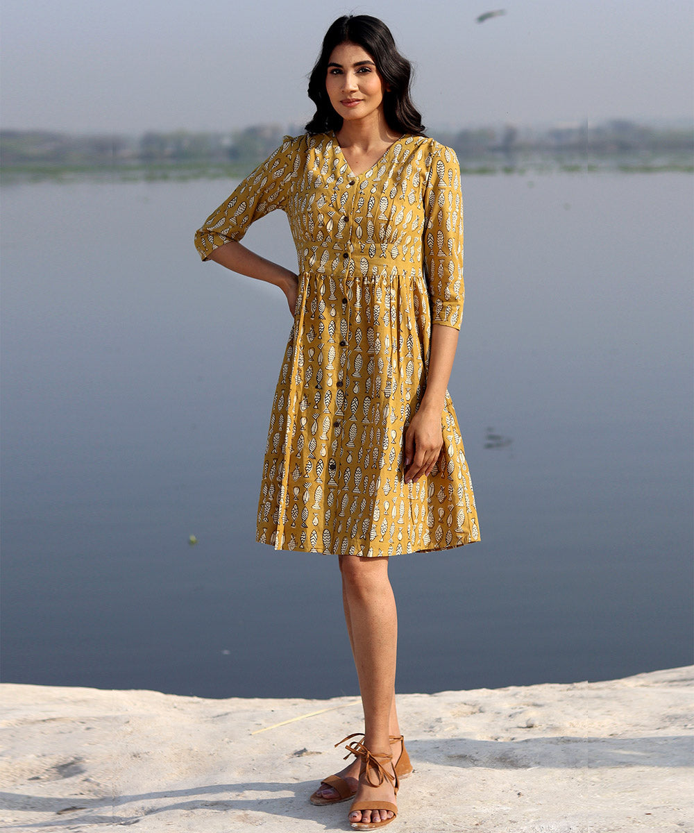 Mustard small hand block printed cotton dress GoSwadeshi Mustard small hand block printed cotton dress GoSwadeshi