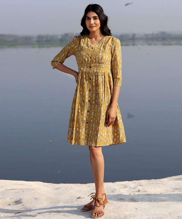 Mustard small hand block printed cotton dress