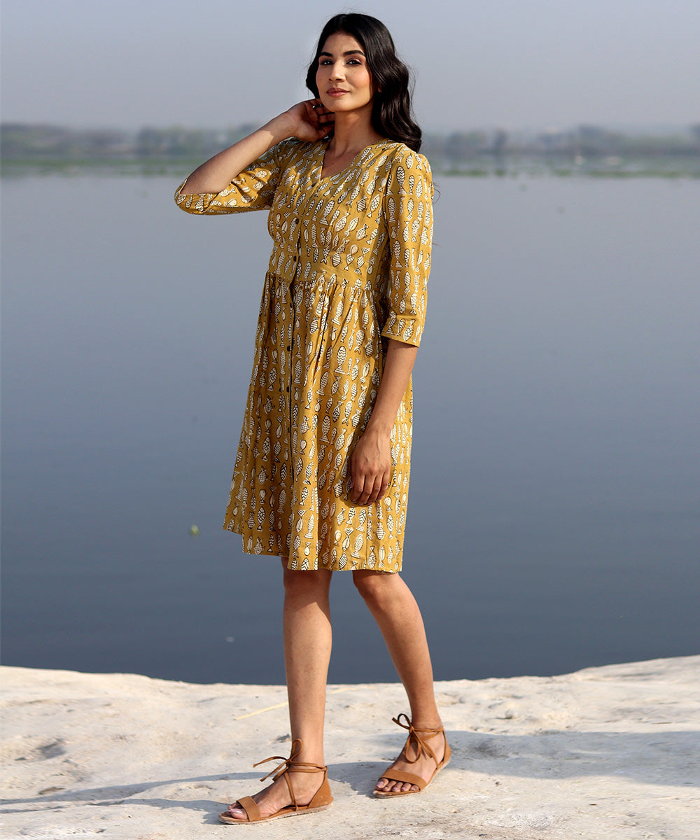 Mustard small hand block printed cotton dress
