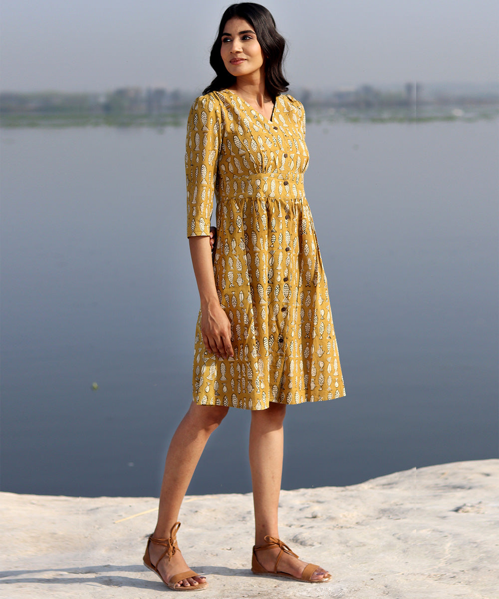 Mustard small hand block printed cotton dress