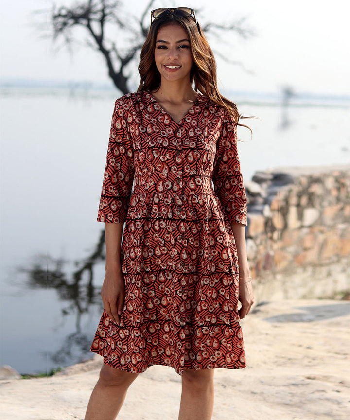 Maroon handblock printed cotton dress