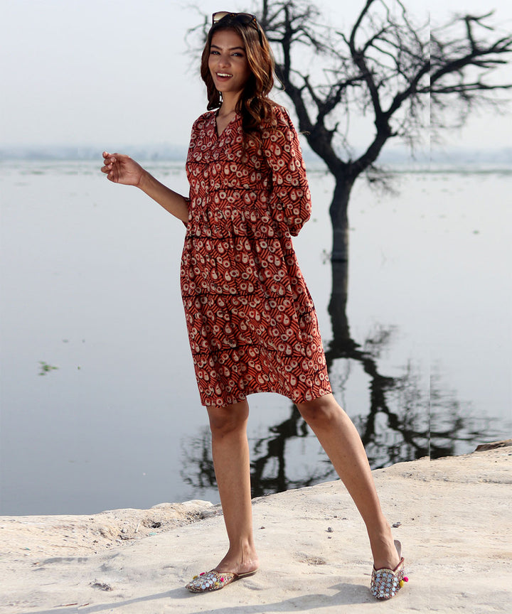 Maroon handblock printed cotton dress