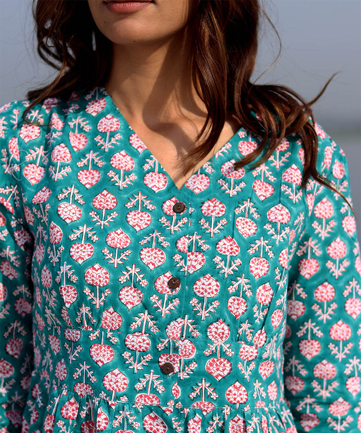 Green floral handblock printed cotton dress