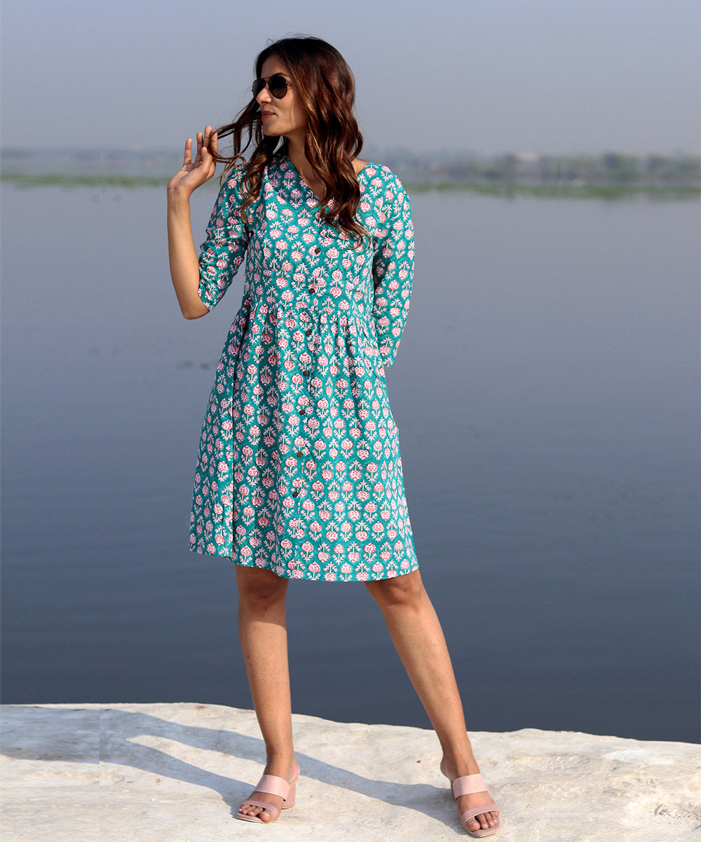 Green floral handblock printed cotton dress