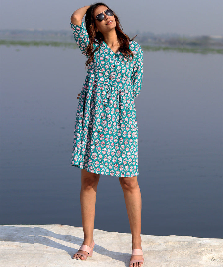 Green floral handblock printed cotton dress