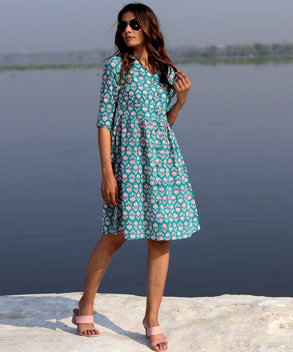 Green floral handblock printed cotton dress