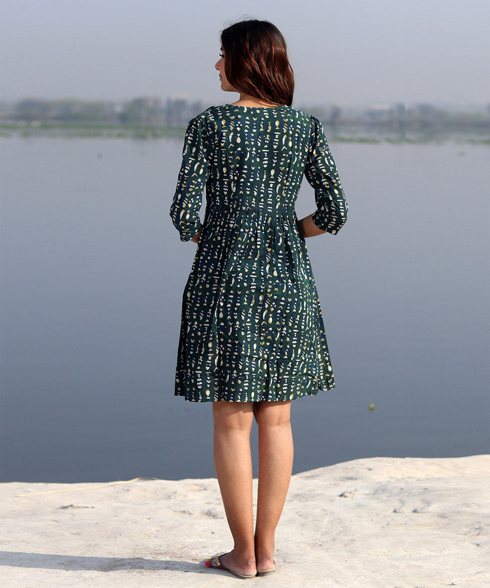Blue floral handblock printed cotton dress
