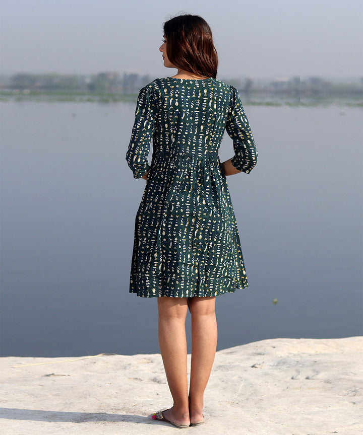 Blue floral handblock printed cotton dress