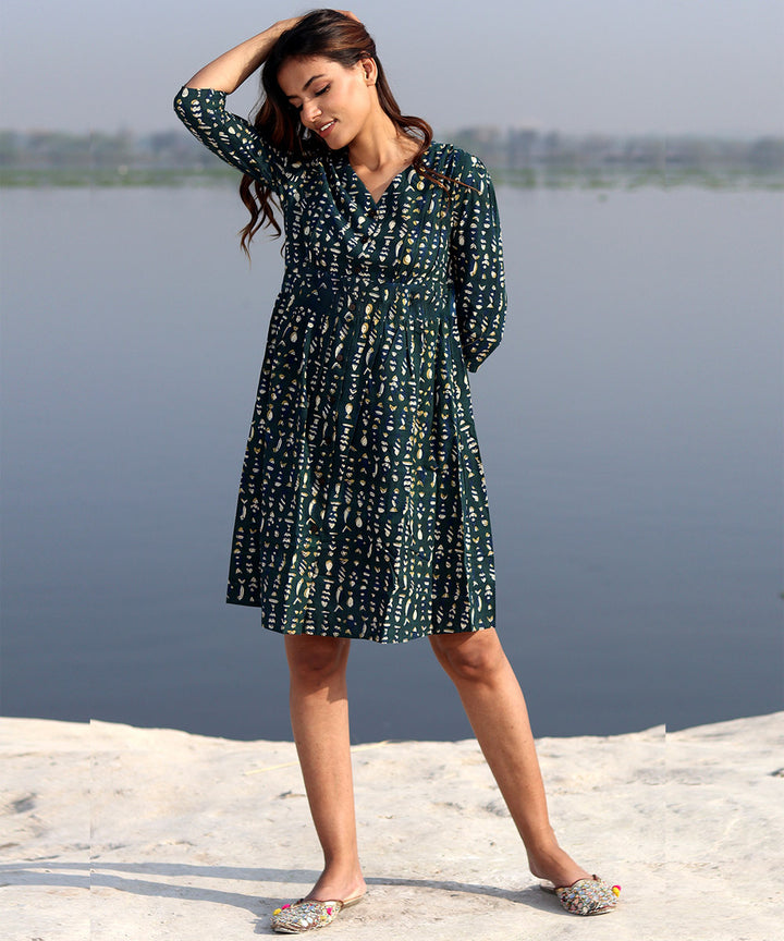 Blue floral handblock printed cotton dress