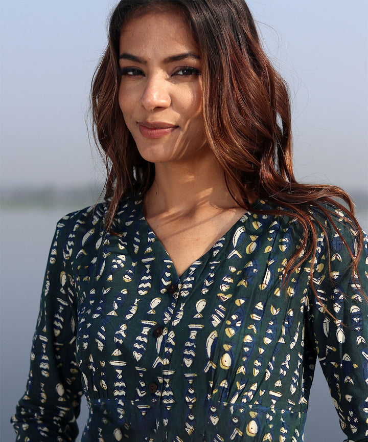 Blue floral handblock printed cotton dress