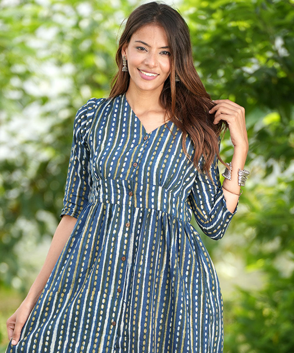 Blue floral hand block printed cotton dress