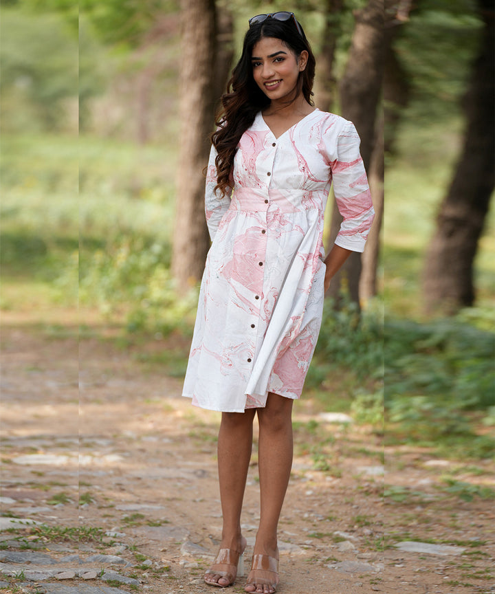 White handblock printed cotton dress