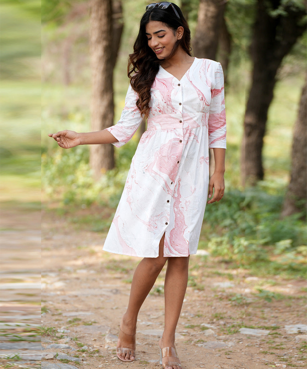 White handblock printed cotton dress
