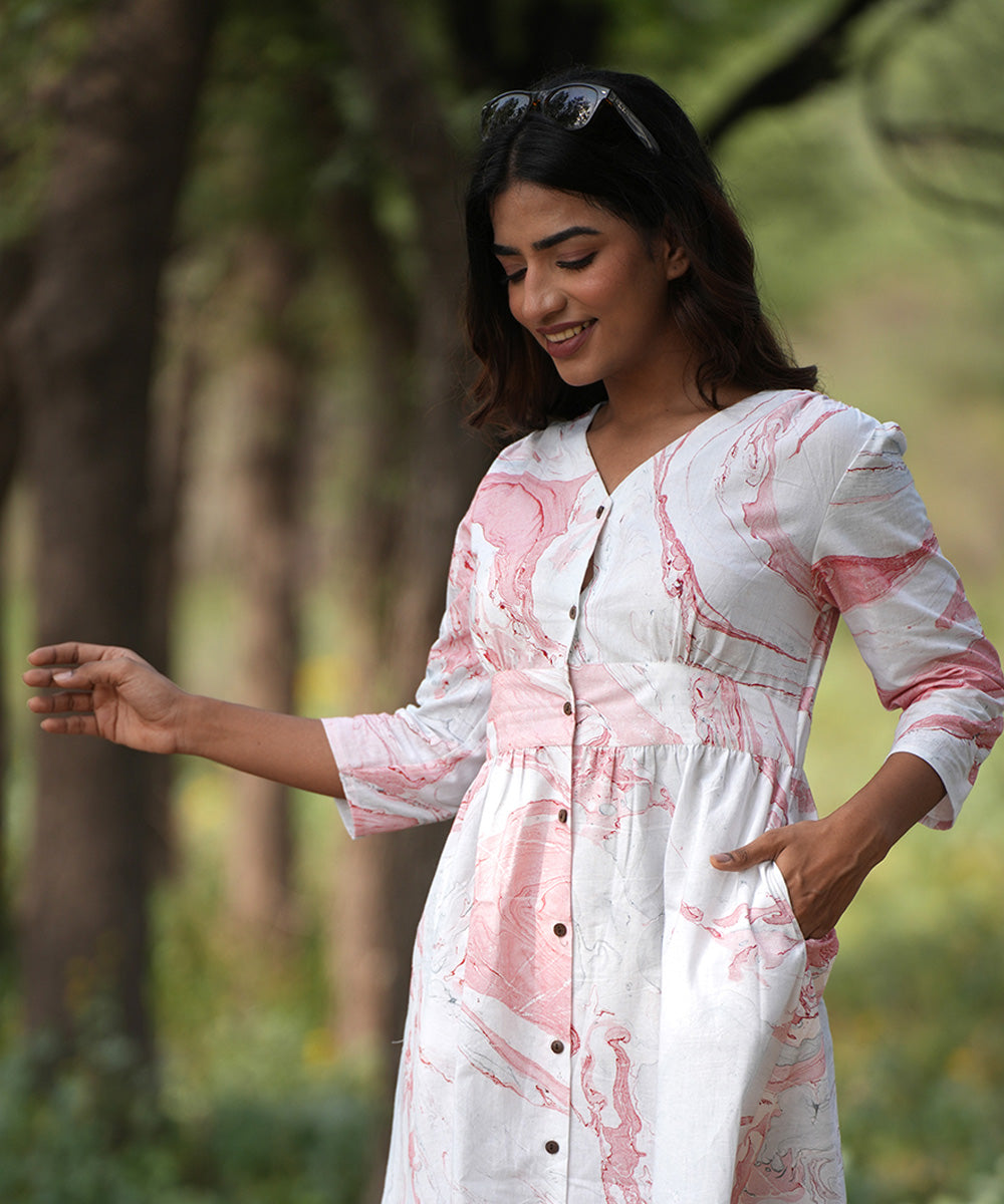 White handblock printed cotton dress