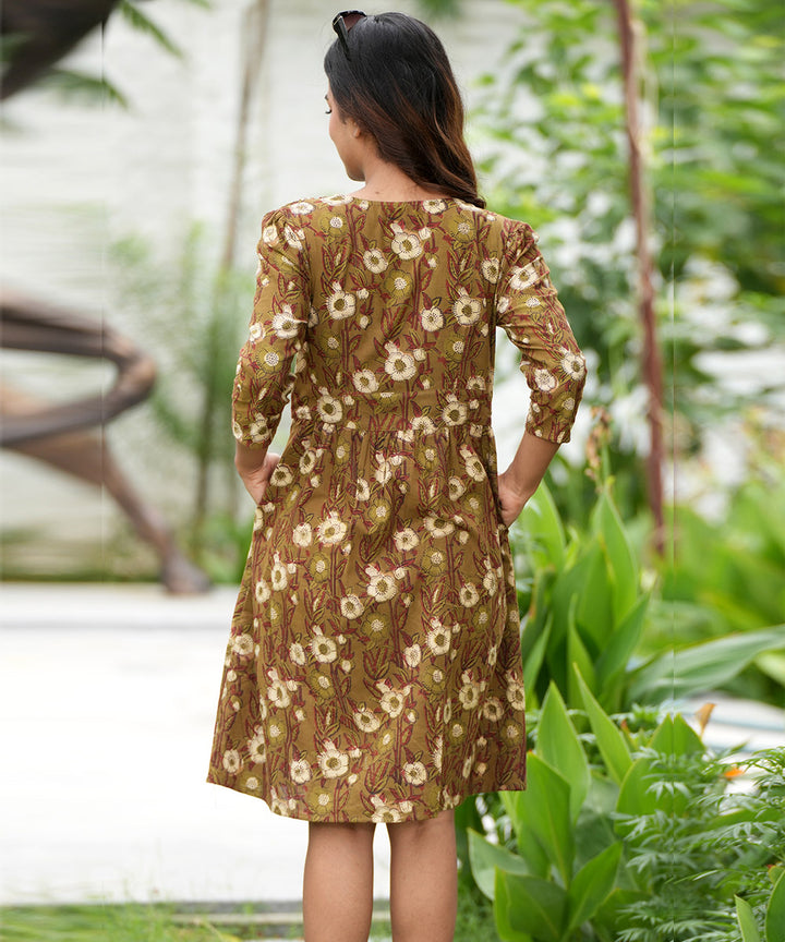 Brown hand block printed cotton dress