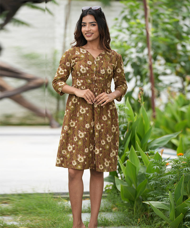 Brown hand block printed cotton dress