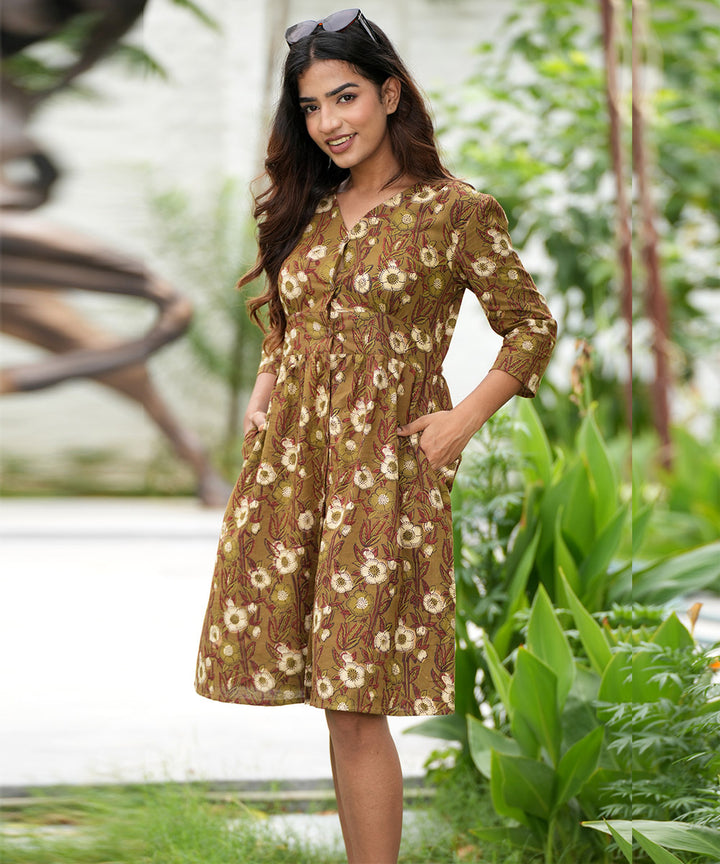 Brown hand block printed cotton dress