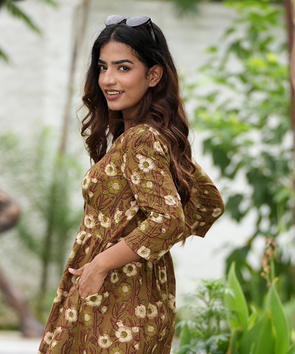 Brown hand block printed cotton dress