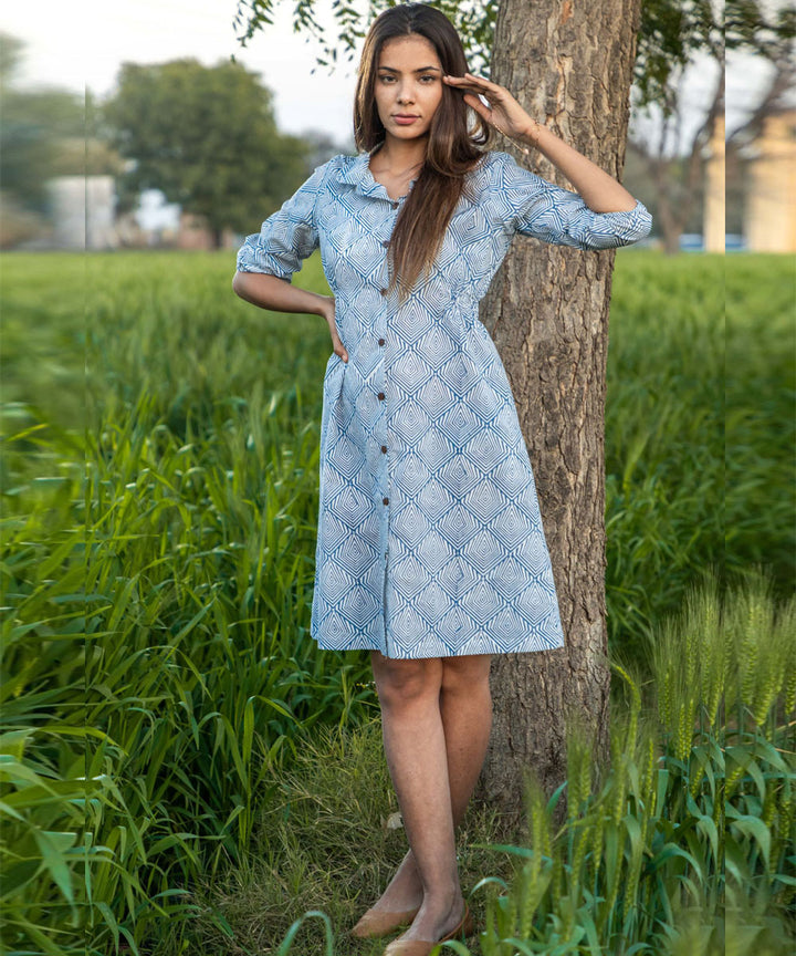 Geometric blue hand block printed cotton dress
