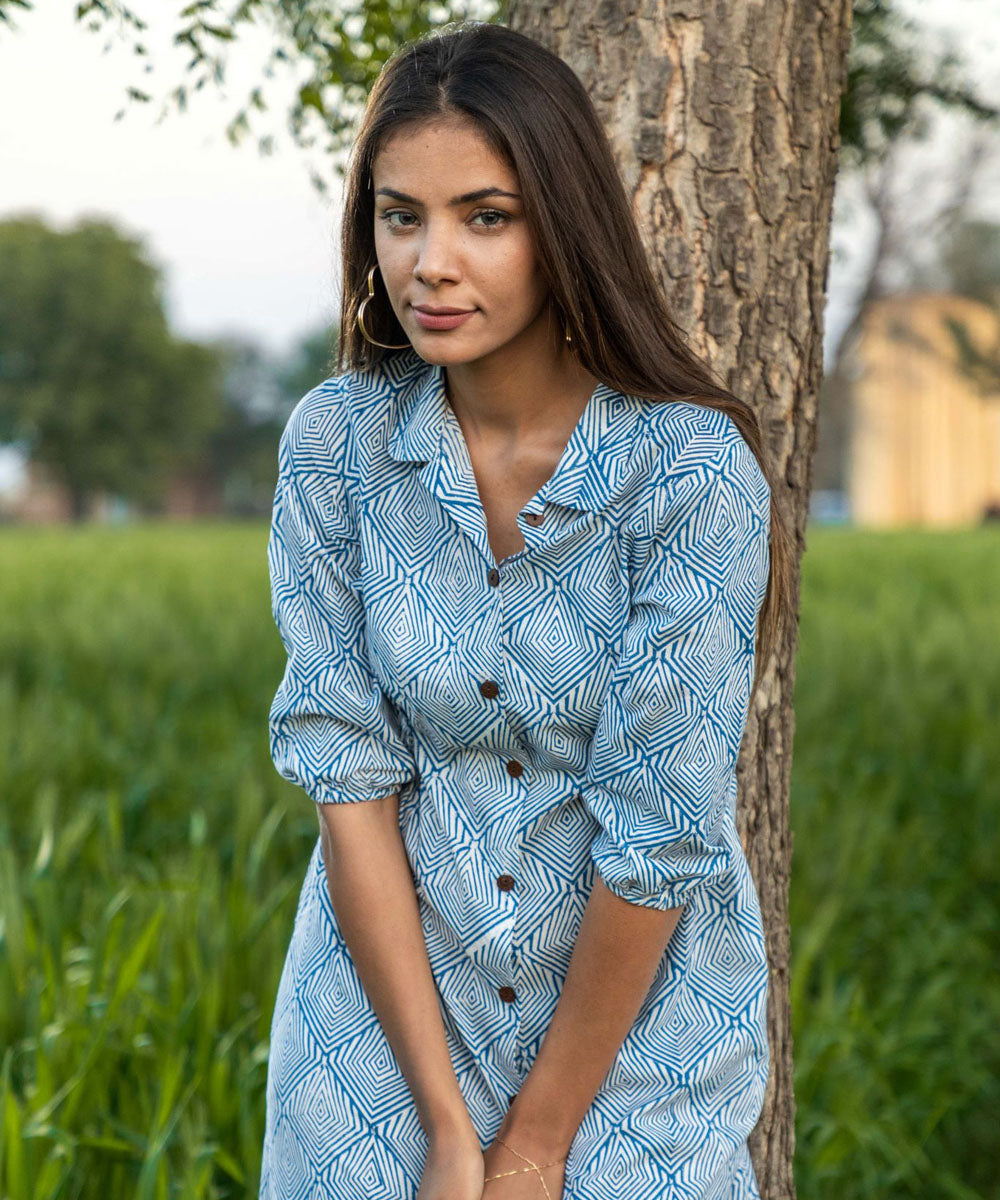 Geometric blue hand block printed cotton dress