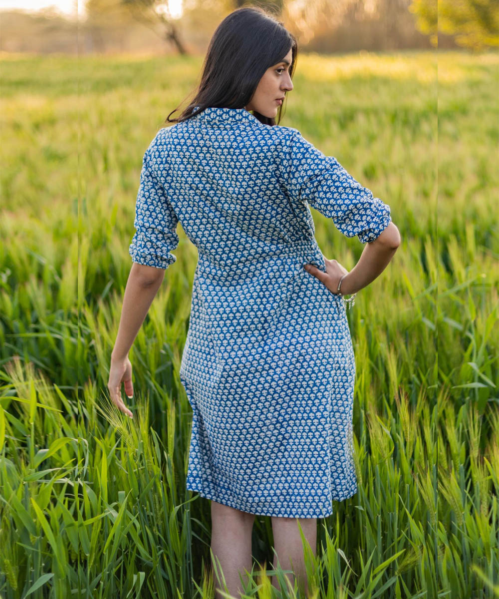 Blue small hand block printed cotton dress