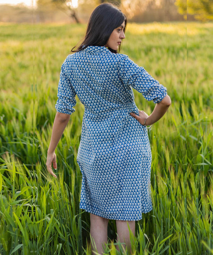 Blue small hand block printed cotton dress