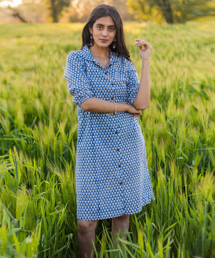 Blue small hand block printed cotton dress