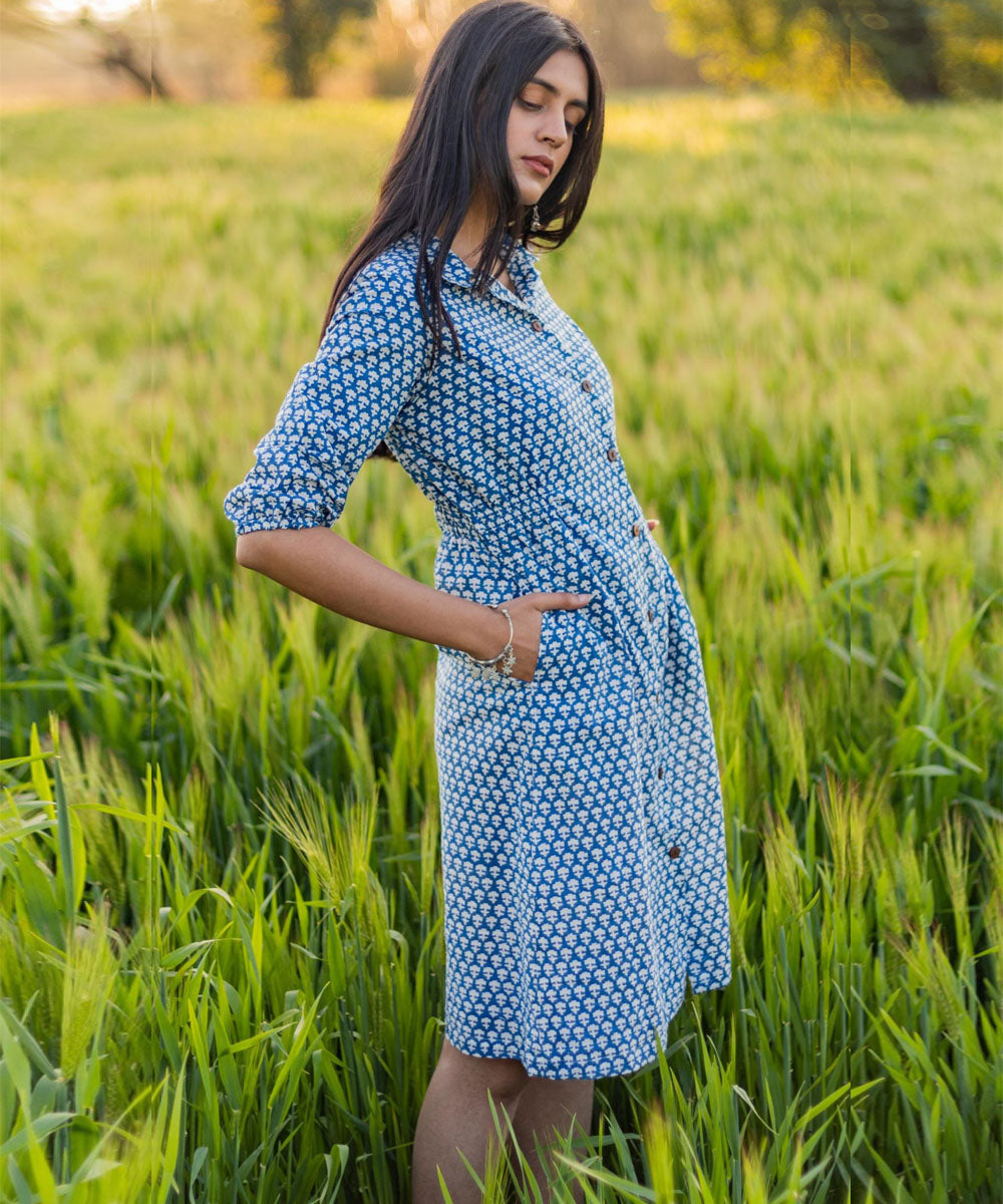 Blue small hand block printed cotton dress