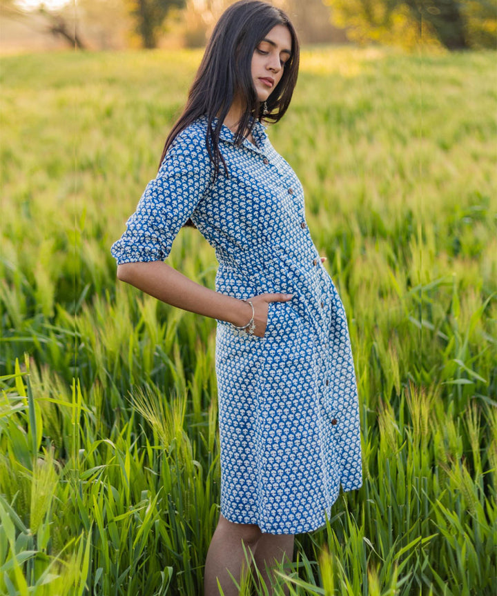 Blue small hand block printed cotton dress