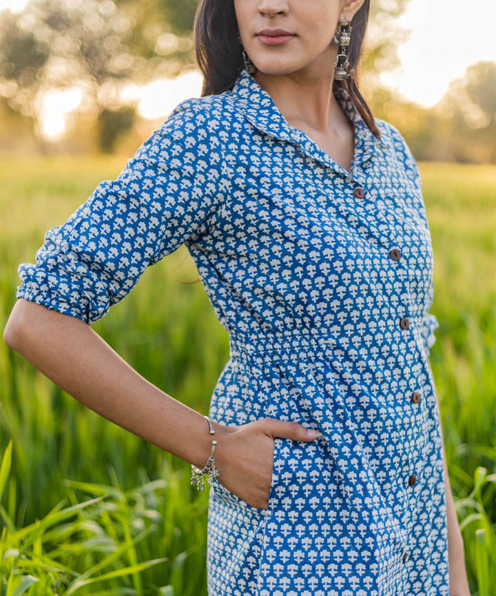 Blue small hand block printed cotton dress