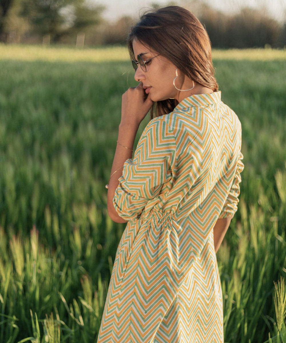 Yellow zigzag handblocked printed cotton dress