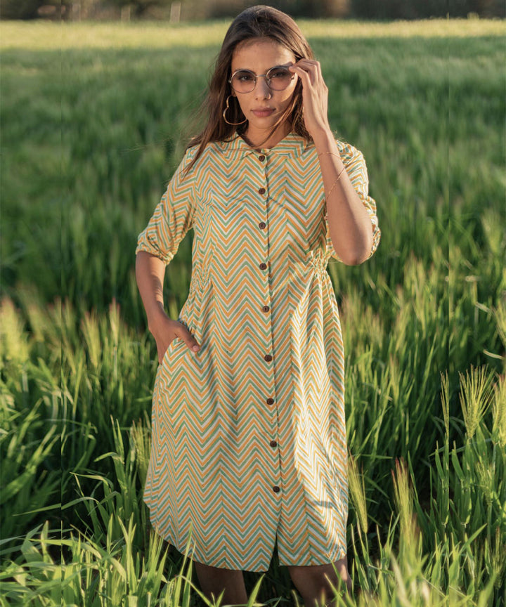 Yellow zigzag handblocked printed cotton dress