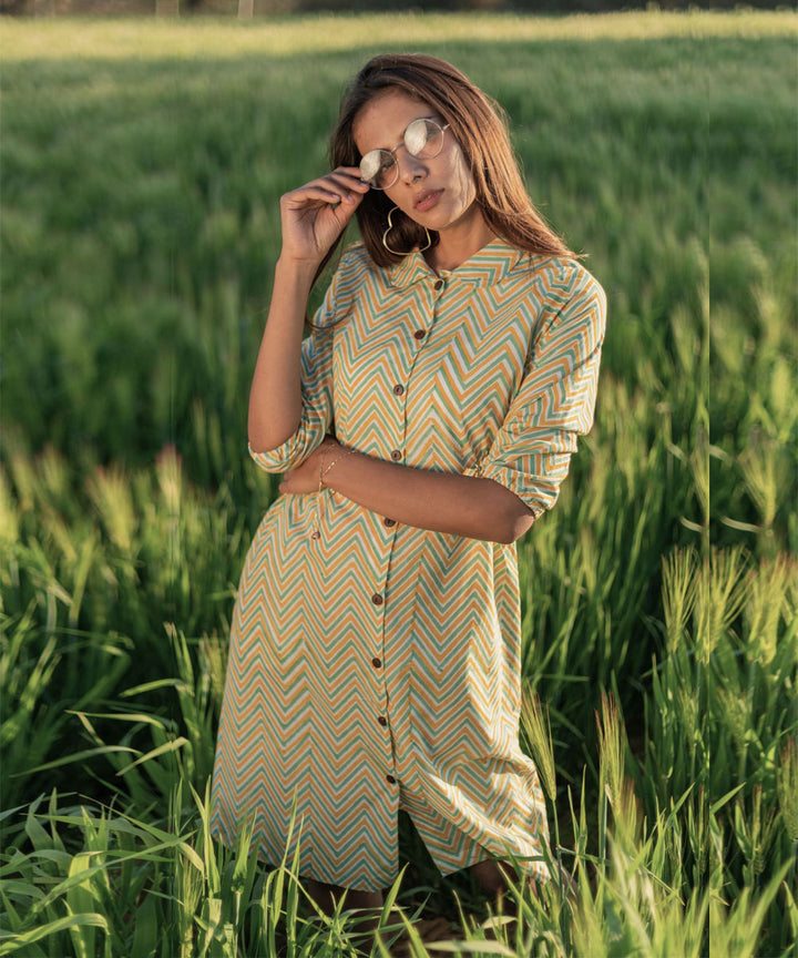 Yellow zigzag handblocked printed cotton dress