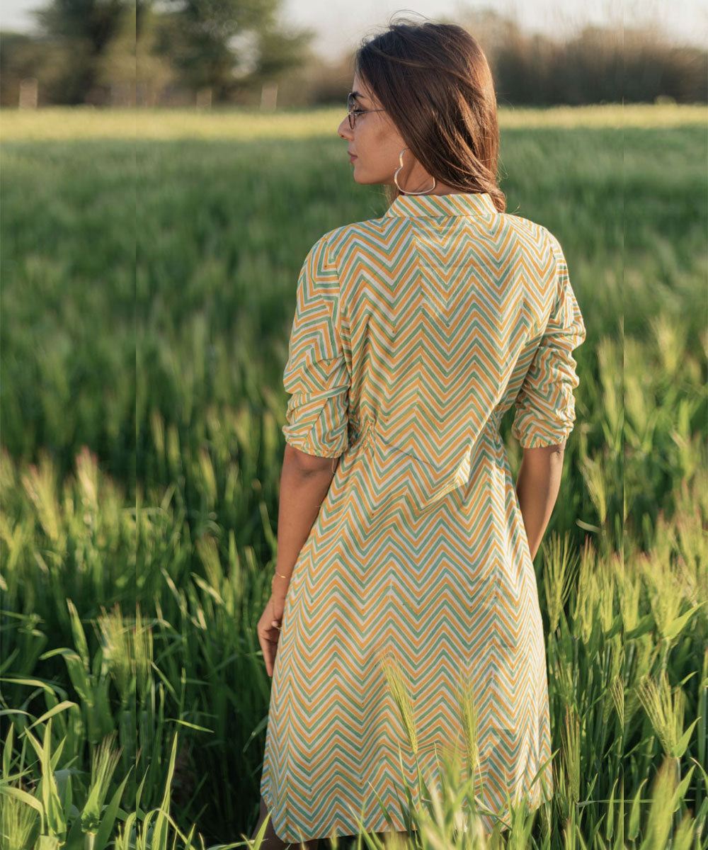 Yellow zigzag handblocked printed cotton dress