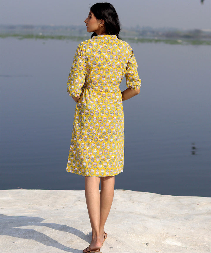 Yellow floral hand block printed cotton dress