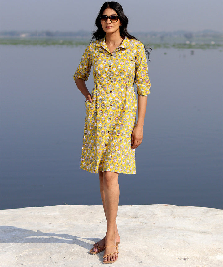 Yellow floral hand block printed cotton dress