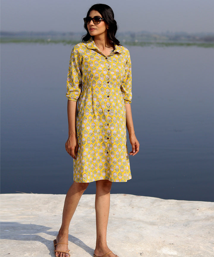 Yellow floral hand block printed cotton dress