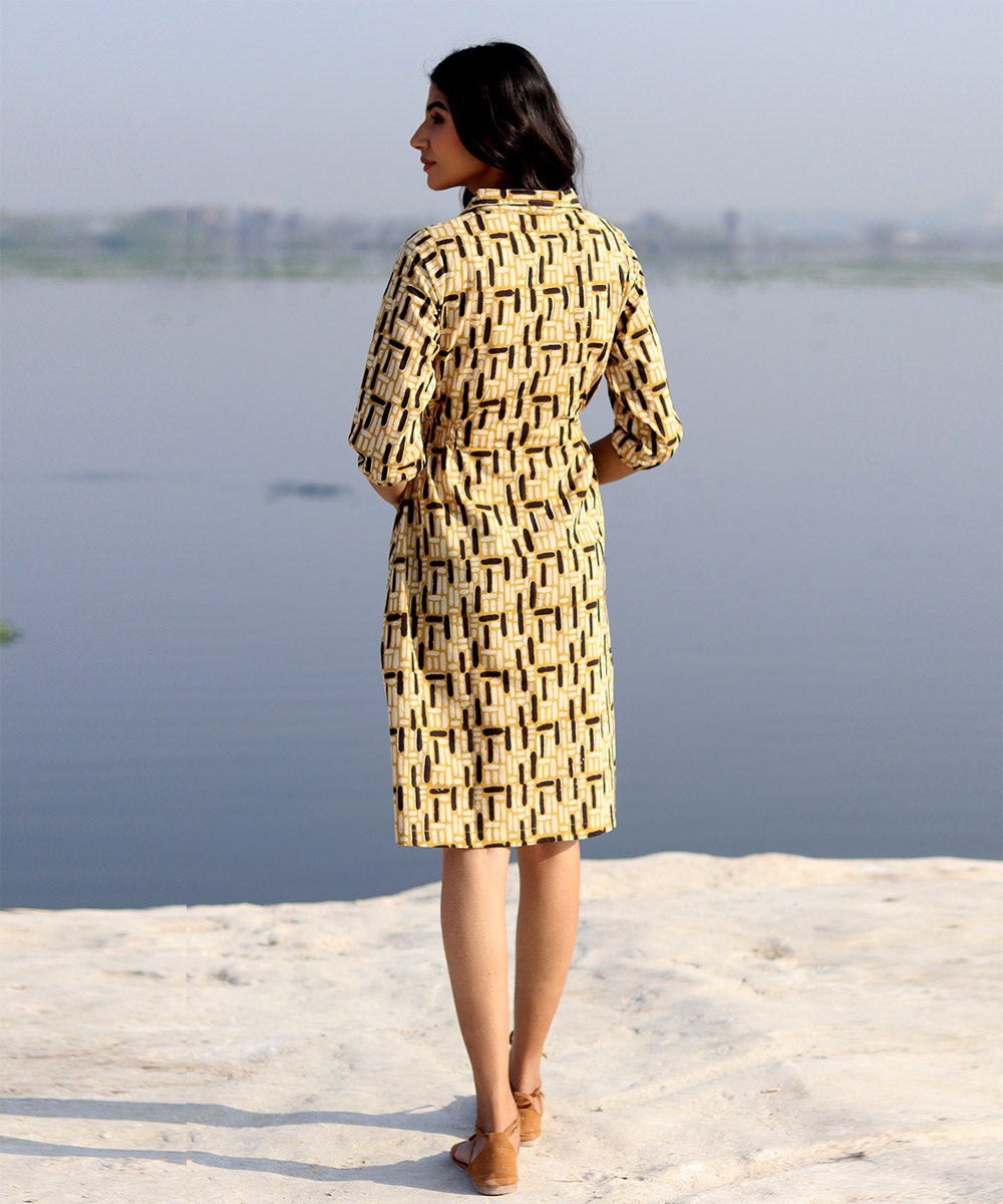 Mustard hand block printed cotton dress