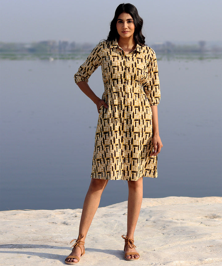 Mustard hand block printed cotton dress