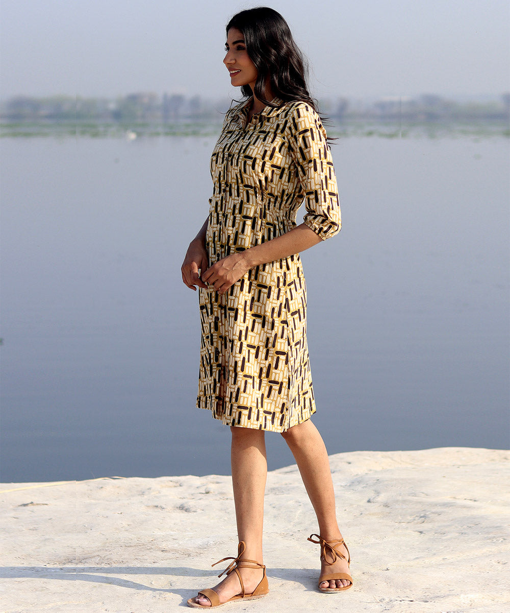 Mustard hand block printed cotton dress