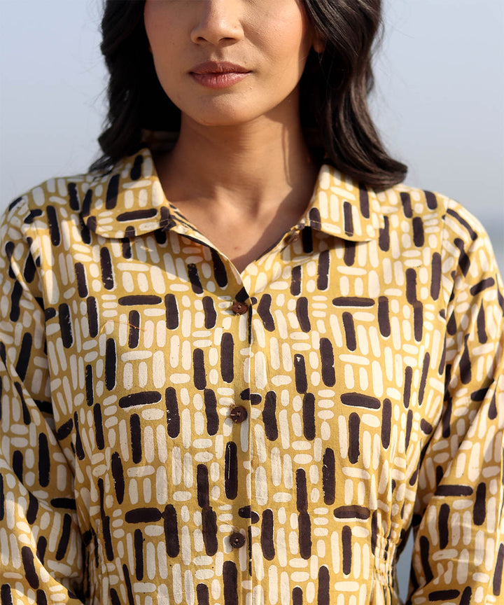 Mustard hand block printed cotton dress