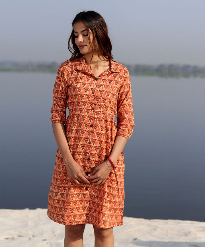 Orange handblock printed cotton dress