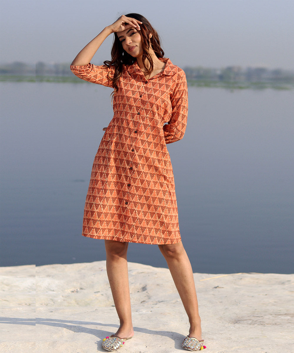 Orange handblock printed cotton dress